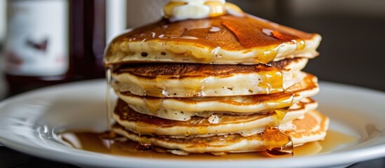 Enjoy tasty pancakes with maple syrup.