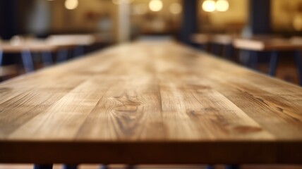 The wooden table top with blur background of classroom. Exuberant image. generative AI