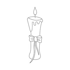 Wax candle with a bow in doodle style on white background.