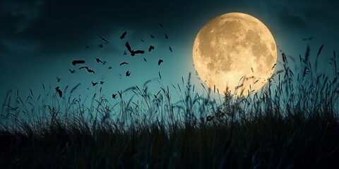 Full moon rising behind silhouette of grass with birds flying