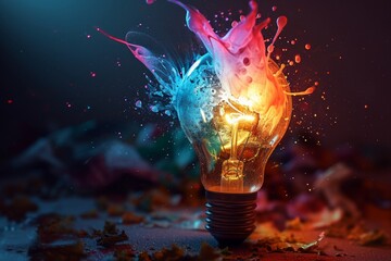 A lightbulb bursting with colorful splashes