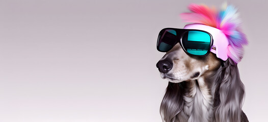 Fashionable Afghan hound dog wearing sunglasses in fairy kei style.