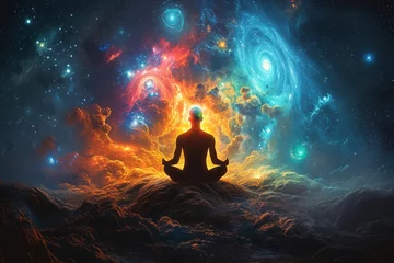 Crédence de cuisine en verre imprimé Univers Silhouette of a person meditating with cosmic energy and celestial bodies around