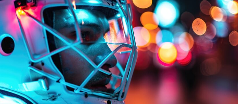 Male face detail in white goalie hockey mask with colorful lights.