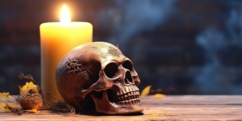 A candle lit skull honors the traditions of the Day of the Dead festival.