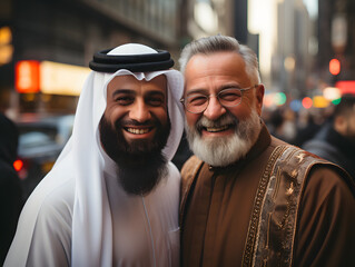 Portrait of Muslim Imam and Christian Priest Embracing Each Other