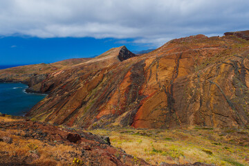 Volcanic sea cliffs of the Sao Lourenco peninsula, eastern Madeira, Portugal, Atlantic Ocean