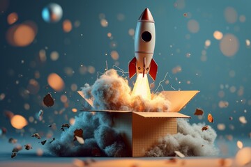 Cartoon style rocket launching from a cardboard box