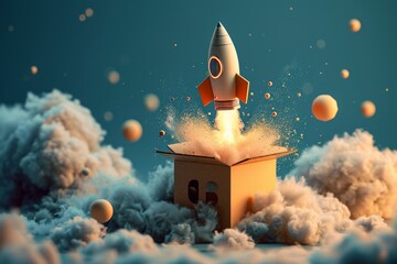 Cartoon style rocket launching from a cardboard box