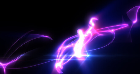 Abstract waves of purple energy magic smoke and glowing lines on a black background