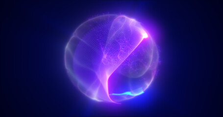 Energy purple blue magic sphere, futuristic round high-tech ball bright glowing atom made of electricity, background