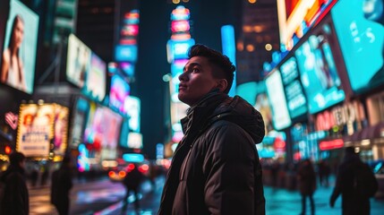 Futuristic city with a man. Handsome guy standing in the middle of a neon city lights. Skyscrapers and businesses with blinking advertisements.  - obrazy, fototapety, plakaty