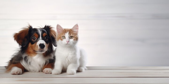 Adorable cat and dog posing for a portrait. Sweet cuddly kitten and puppy pet photo. House pets. 