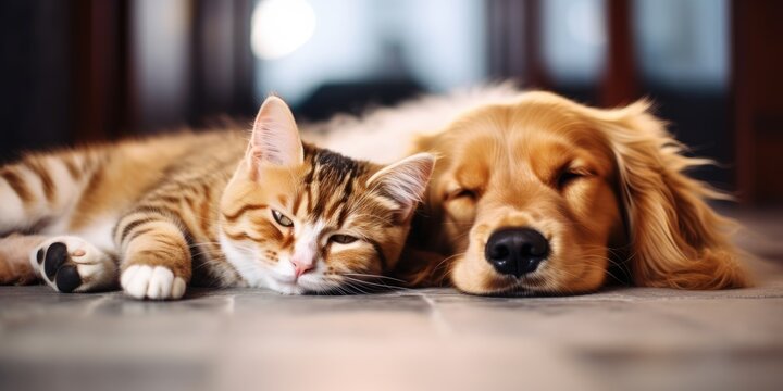Adorable cat and dog posing for a portrait. Sweet cuddly kitten and puppy pet photo. House pets. Tabby cat and Golden Retriever dog.
