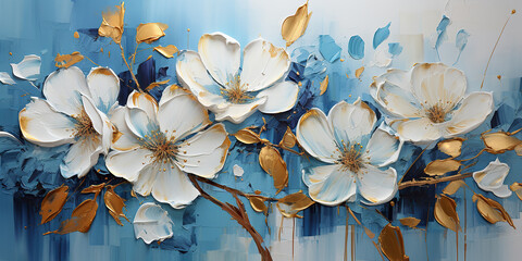 Abstract oil painting Blue petals, flowers with golden lines, using a palette knife