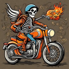 vector-style illustration of a cartoon skeleton riding a generic motorcycle. Suitable for a t-shirt design or tattoo.