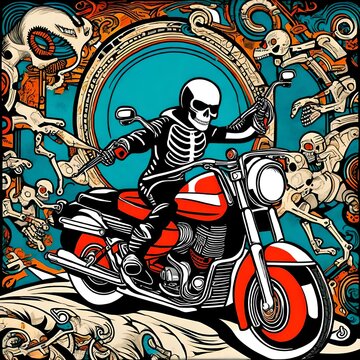 vector-style illustration of a cartoon skeleton riding a generic motorcycle. Suitable for a t-shirt design or tattoo.