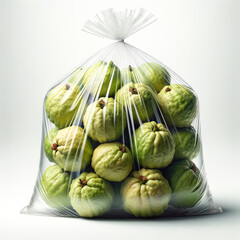 Naklejka premium Hyper realistic Fresh guavas in a clear bag isolated on a white background