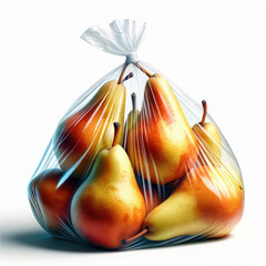 Hyper realistic Fresh pears in a clear bag isolated on a white background