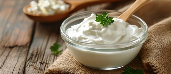 Place low-calorie yogurt in a wooden spoon within a glass bowl. - obrazy, fototapety, plakaty