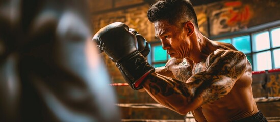 Young man participating in bag boxing inside a studio.