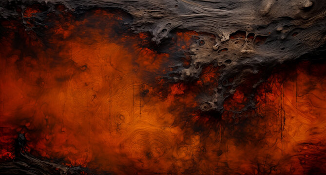 Halloween creepy wood tree background. Black, orange texture with fire, gold glowing veins. Medieval dungeon wall background, fantasy ancient castle grunge backdrop for copy space by Vita