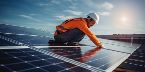 Engineer actively installing solar panels on a roof, paving the way for renewable energy.