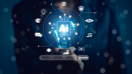 AI chatbot assistant technology concept. Business people use computer laptop conversation with Artificial intelligence chat bot program in website for generate something show virtual on screen..