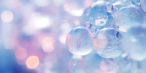 Glowing ice bubbles in close-up. Pastel soap bubbles and marbles in abstract pink and blue background wallpaper. - obrazy, fototapety, plakaty