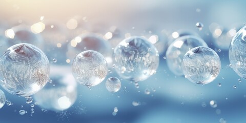 Glowing ice bubbles in close-up. Pastel soap bubbles and marbles in abstract pink and blue background wallpaper.