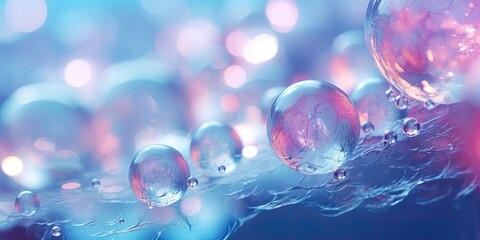 Glowing ice bubbles in close-up. Pastel soap bubbles and marbles in abstract pink and blue...
