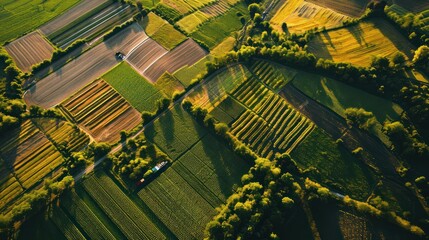Aerial view of the beautiful agricultural fields in Europe. - obrazy, fototapety, plakaty
