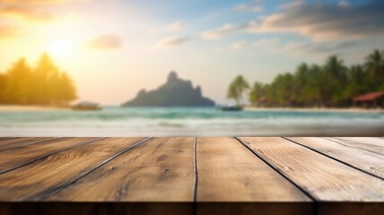Fototapeta na wymiar The empty wooden table top with blur background of Thailand beach. Exuberant image. generative AI