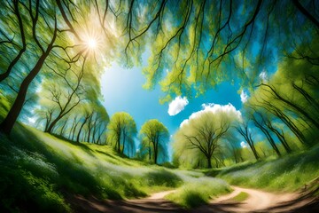 Beautiful blurred background image of spring nature with surrounded by trees against a blue sky with clouds on a bright sunny day.