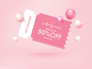 Happy valentine's day promotion sales and Coupon discount online purchases. gift, glossy heart isolated on pink background. 3d vector rendering.