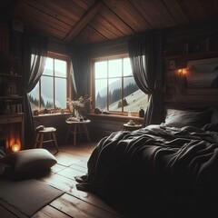 Obraz premium Beautiful serene Dark Moody wooden Cabin in the woods on mountains cloudy overcast rainy large window Bedroom calming soothing relaxing view from window hotel aesthetic chill vibes interior livingroom