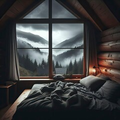Obraz premium Beautiful serene Dark Moody wooden Cabin in the woods on mountains cloudy overcast rainy large window Bedroom calming soothing relaxing view from window hotel aesthetic chill vibes interior livingroom