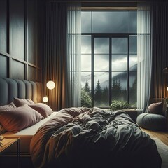 Fototapeta premium Beautiful serene Dark Moody wooden Cabin in the woods on mountains cloudy overcast rainy large window Bedroom calming soothing relaxing view from window hotel aesthetic chill vibes interior livingroom