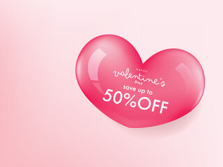 Happy Valentine's Day background, Glossy heart rose quartz on pink paper background. Vector illustration. Cute love banner or valentine's card.
