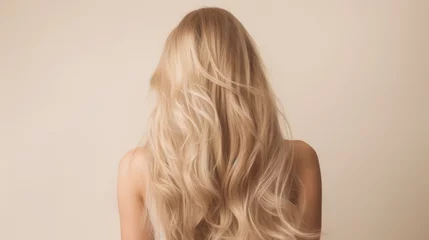 Poster Im Rahmen blonde hair, back side of young woman with long blonde hair isolated on beige, hair care © evgenia_lo