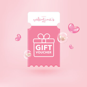 Happy valentine's day promotion sales and Coupon discount online purchases. gift, glossy heart isolated on pink background. 3d vector rendering.