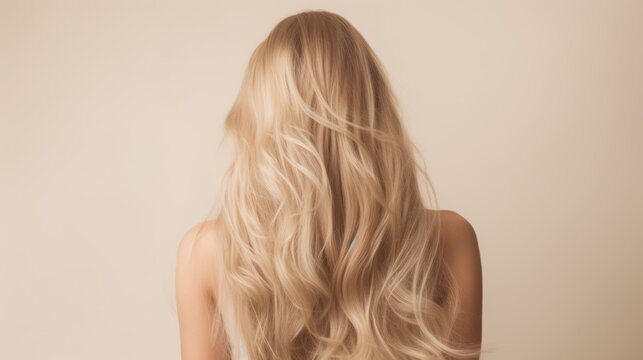 blonde hair, back side of young woman with long blonde hair isolated on beige, hair care