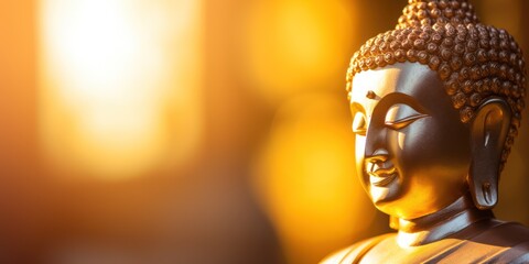 Buddha statue and golden background. Place for text. Symbol of peace and serenity. - Powered by Adobe