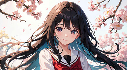 桜と制服の女の子　イラスト｜Generative AI