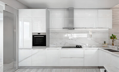 white kitchen interior, modern kitchen design, modern white kitchen style at home, countertop indoors in white modern kitchen, studio minimal kitchen design at home, cozy studio room solution,