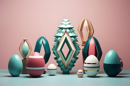3d illustration of sphere, easter, spring, chocolate in pnk, blue, red, gold and blink ball and bunny in white, pastel, gold and rose pink colour, holiday 