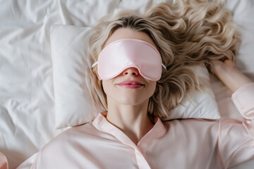 Top view of smiling young woman with pink sleep mask lying on bed. world sleep day