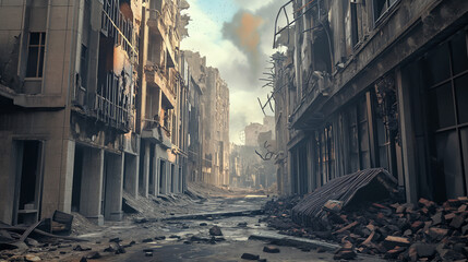 streets of a destroyed city after the bombing, military operations - obrazy, fototapety, plakaty
