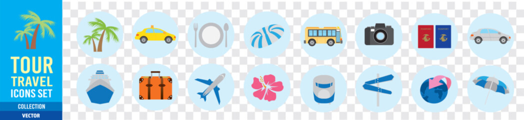 Tourism travel airplane car ship train bus travel bag map icons Vector