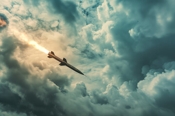 ballistic missile flies in the clouds, military action, destruction